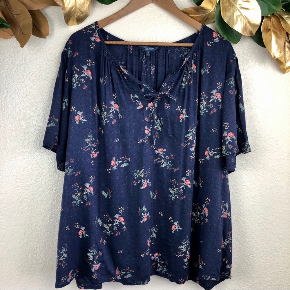 Lucky Brand Floral Peasant Blouse Top Navy Blue